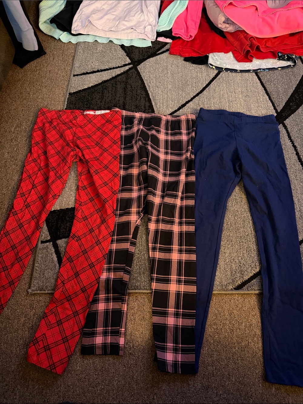 Kids Plaid and Solid Leggings Pack - Red Plaid, Pink Plaid & Navy